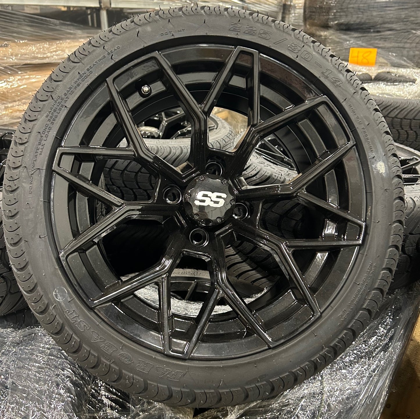 WHEEL ASSEMBLY, 14 INCH BLACK RIM, 225/30-14 ROAD TIRE, EACH